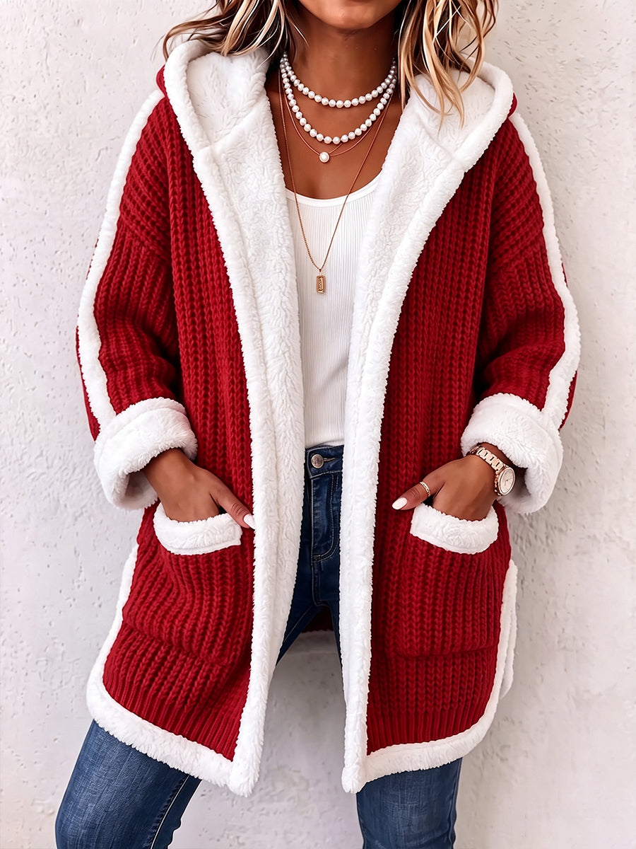Cozy Sherpa Trim Hooded Knit Cardigan