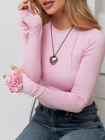Slim-fit Stretch Knit Top Featuring 3d Floral Embellishments On The Cuffs