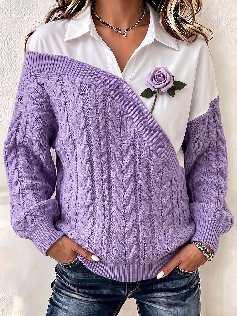 Romantic Asymmetrical Cable-Knit Layered Top（Brooch not included）