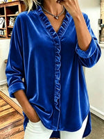 Solid-color V-neck Long-sleeve Top With Ruffle Details And A Velvet-like Texture