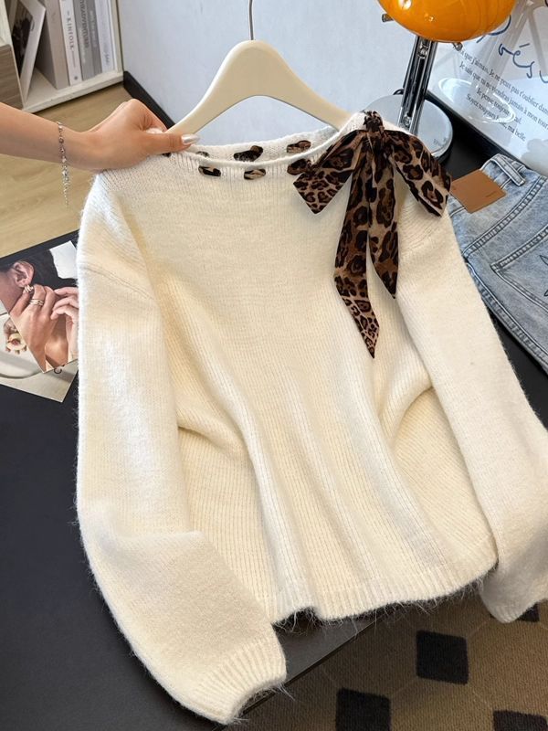 Chic Leopard-print Bow-accented Loose-fit Knit Top