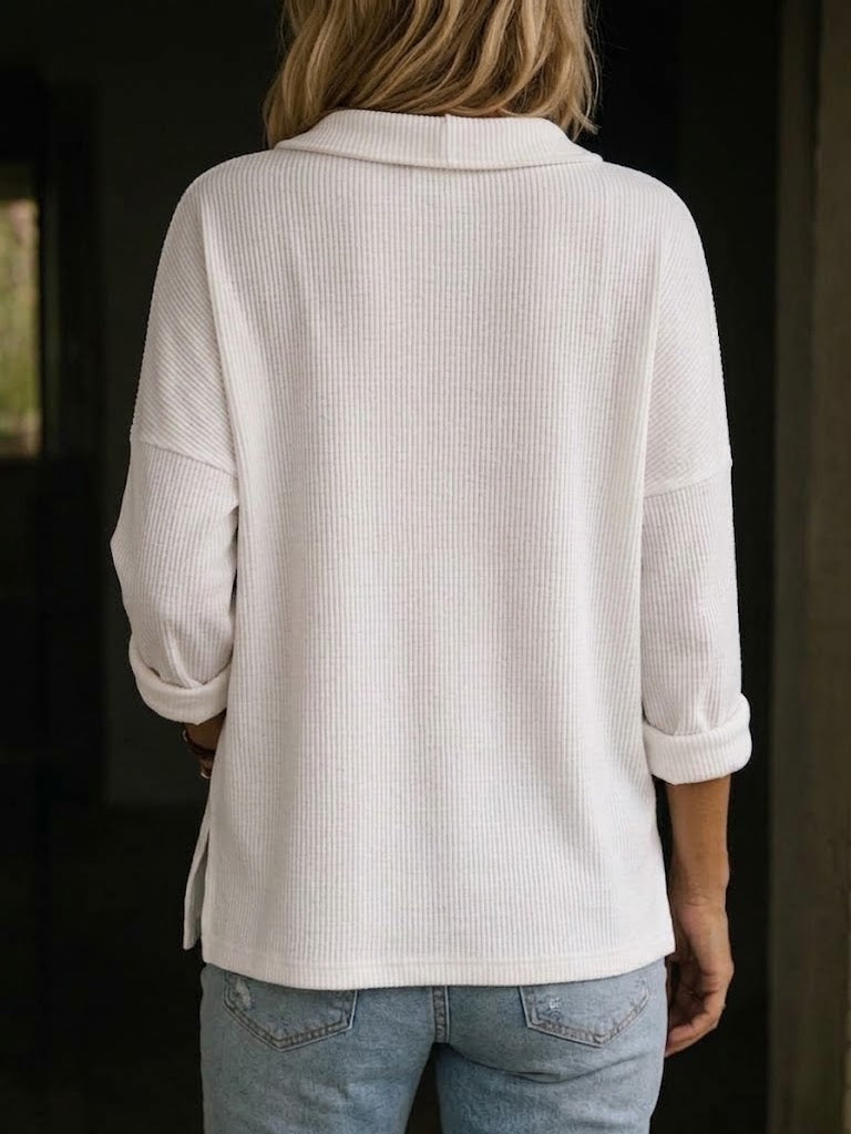 Loose-fit, Long-sleeve Knit Top With A Collar And A Diagonal Row Of Colorful Buttons