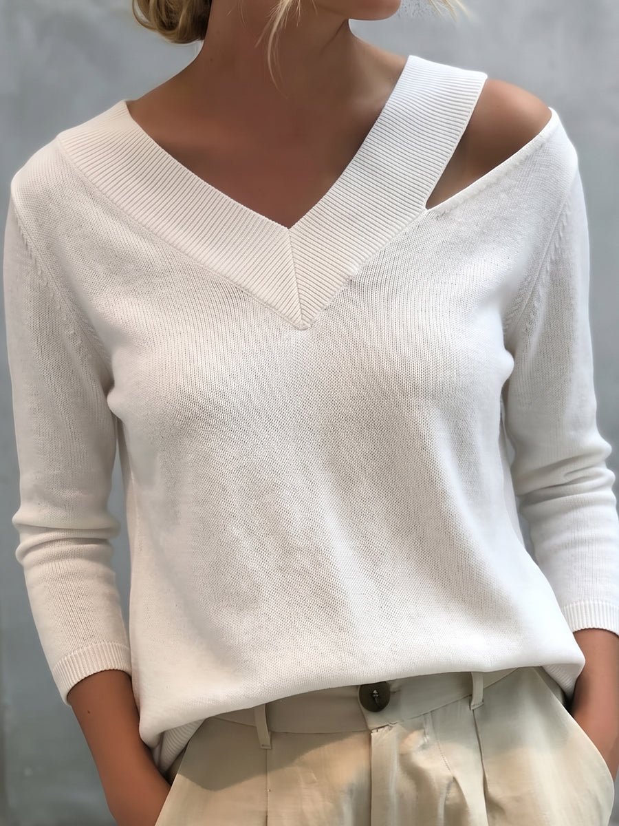 Modern Thin Knitted Asymmetrical Cutout V-neck Top