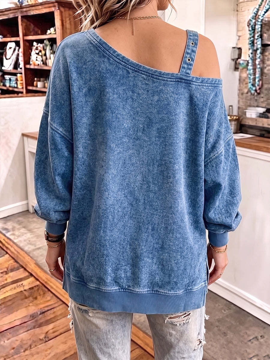 Edgysloping shoulders Denim-Wash Buckle Top
