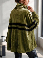 Women's Loose-fit Velvet Top With Stand Collar, Long Sleeves, And Contrast Trim