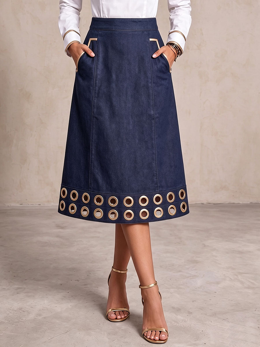 Women's High-waisted Round Hollow-out Denim Skirt