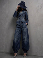 Chic Washed Denim Double-Breasted Peplum Blazer