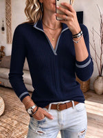 Striped Trim V-neck Ribbed Polo Sweater
