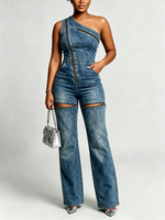 Edgy Two-way Denim Jumpsuit With Zipper Detail