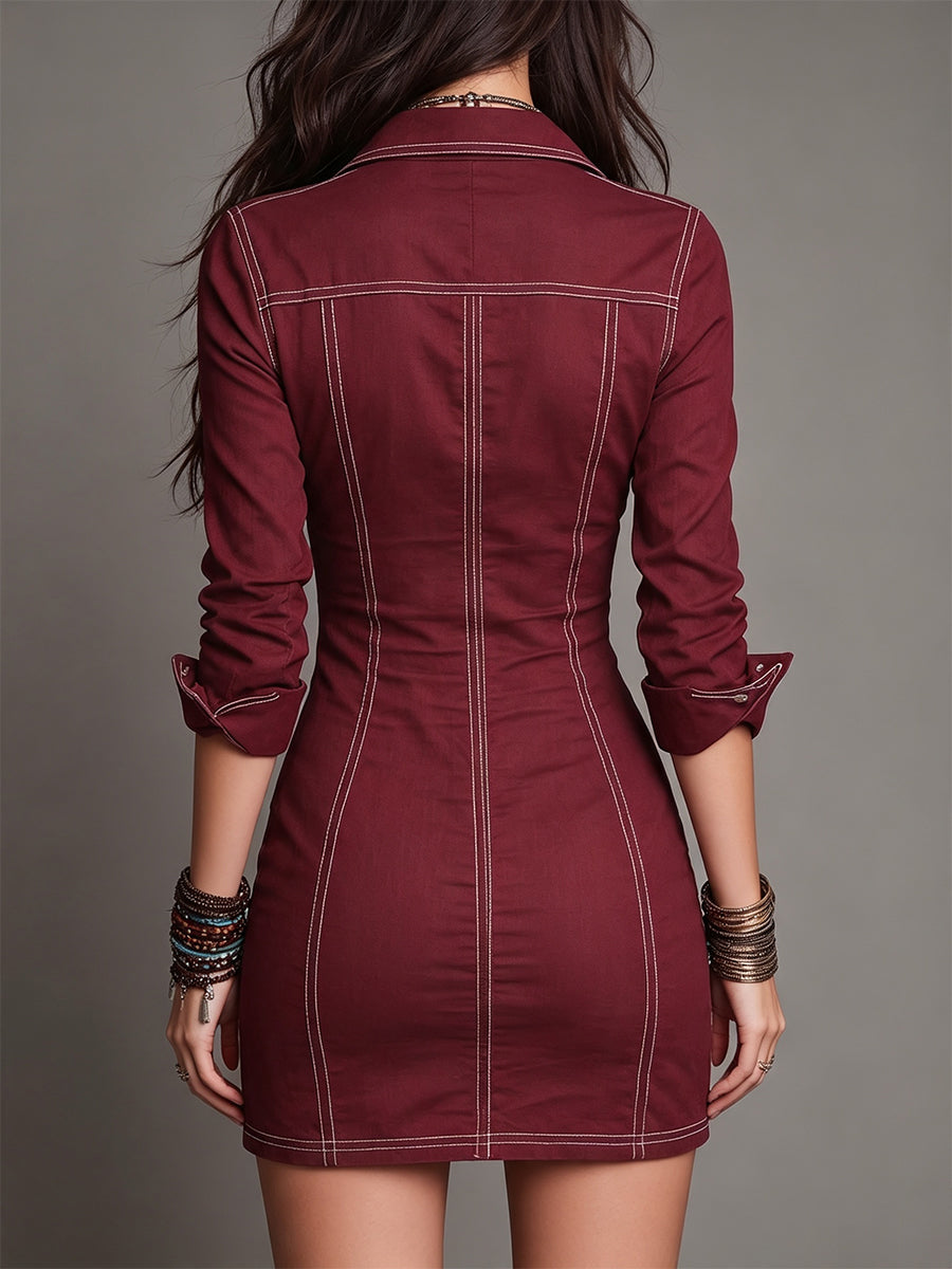 Chic Contrast-Stitch Zip-Front Denim Mini Dress