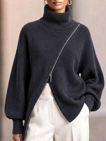 Asymmetric Zip-front Turtleneck Knit Sweater