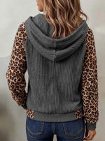 Women's Grey Corduroy Zip-Up Hoodie with Leopard Contrast