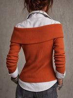 Chic Striped Faux-layered Top With Ribbed Knit Panels