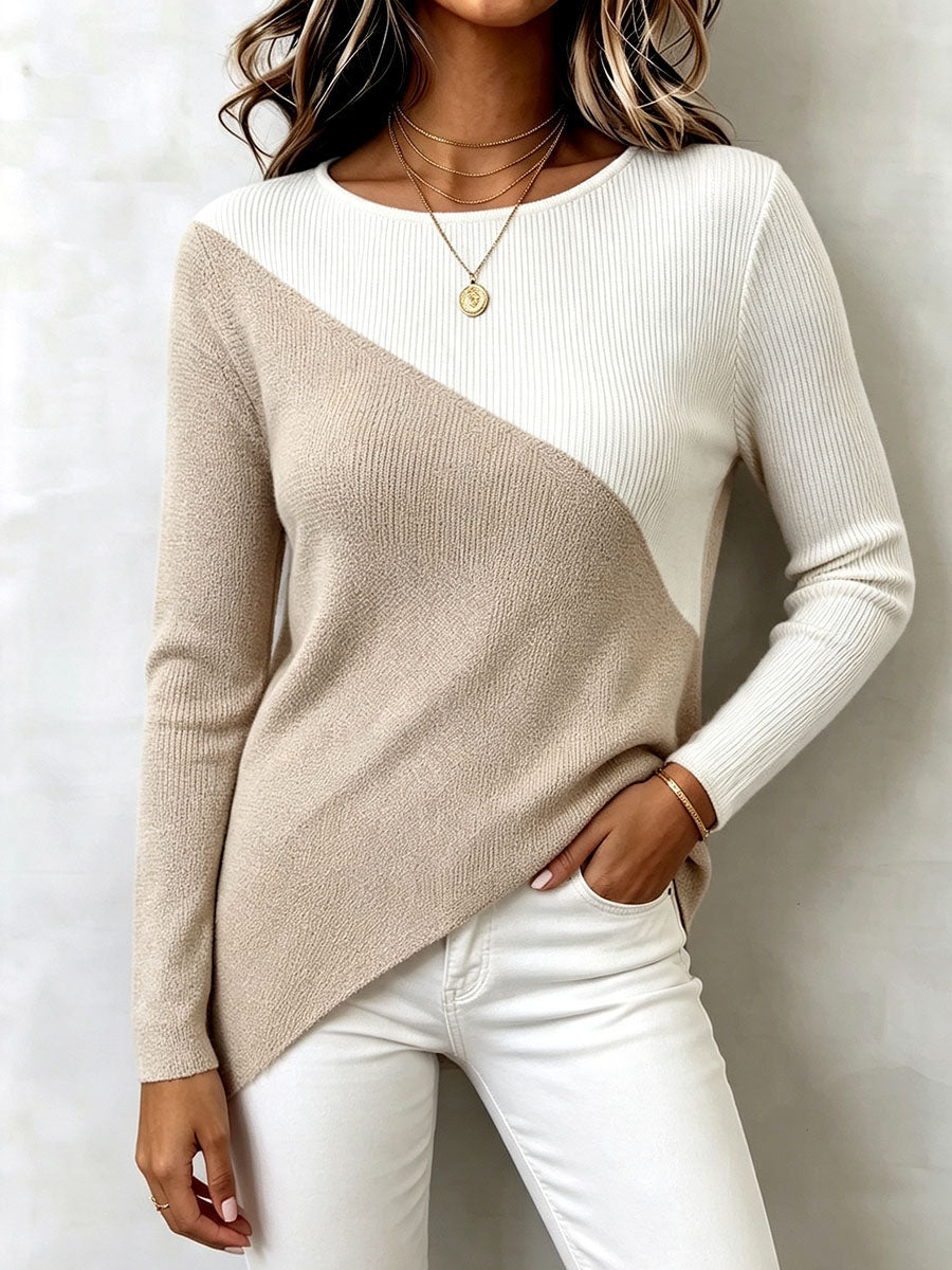 Chic Asymmetric Colorblock Ribbed Knit Sweater