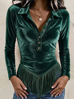 Velvet Long-sleeve Shirt With A Fold-over Collar, Partial Button Placket, Tassels, And A Cinched Waist