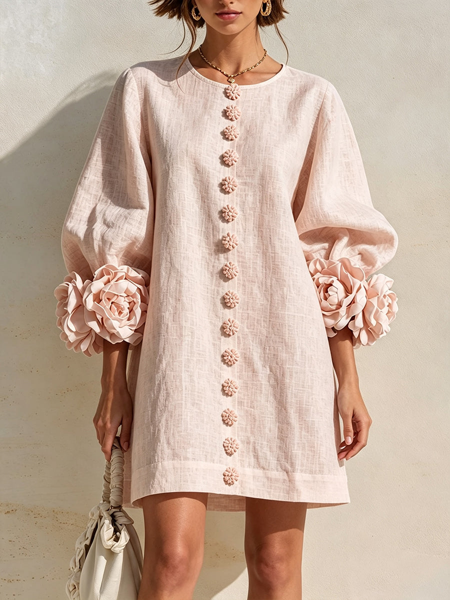 Romantic Blush 3D Floral Sleeve Mini Dress