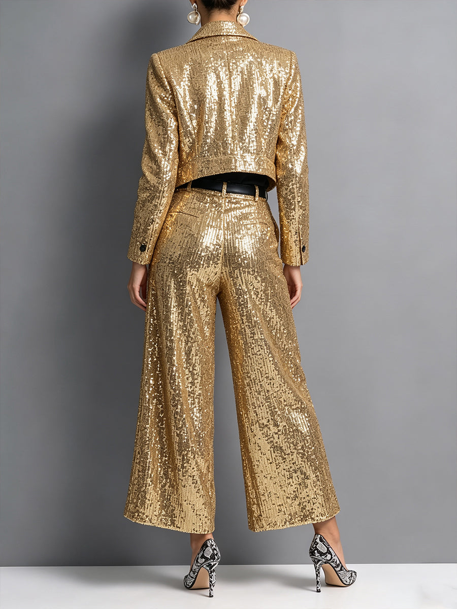 Chic Gold Sequin Sparkle Crop Jacket