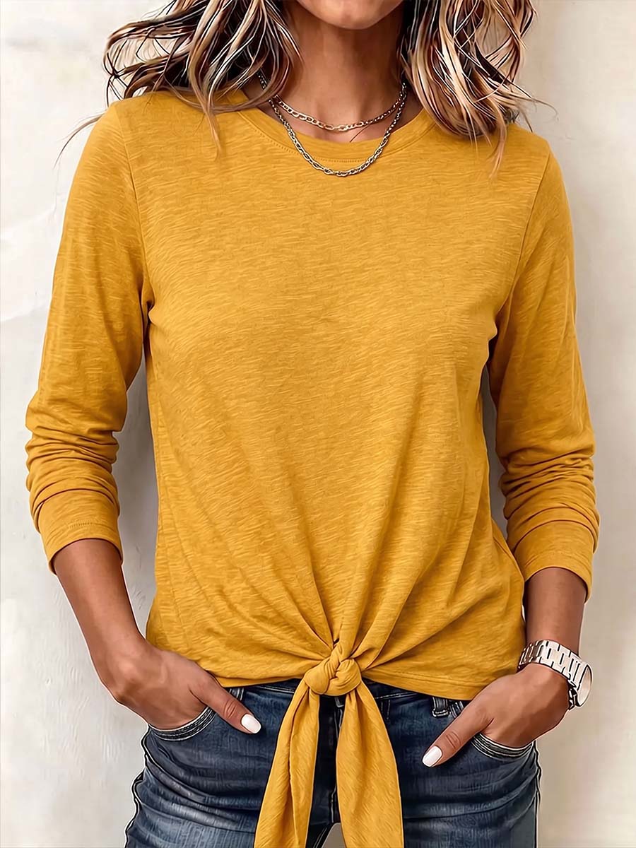 Women's Solid Color Round Neck Long-sleeved Casual Loose Cotton Tie Top