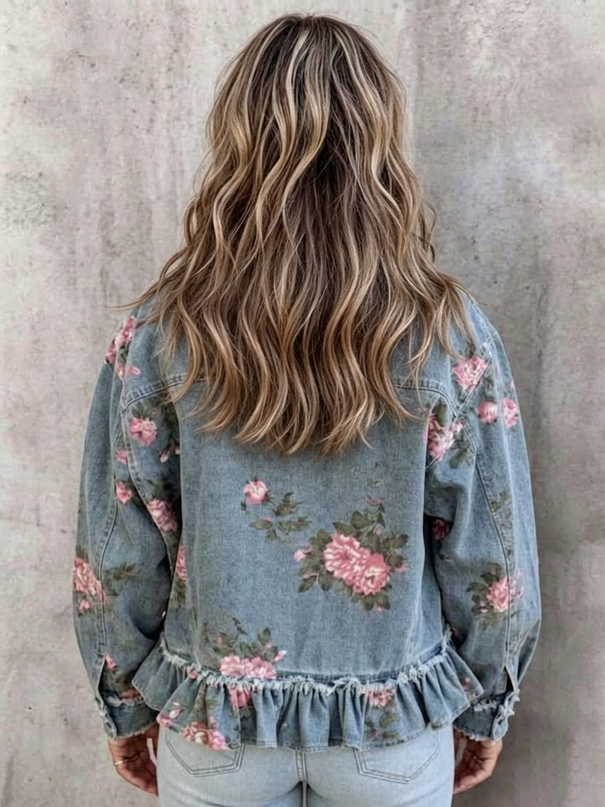 Lapel Floral Print Frayed Ruffle Hem Loose Denim Jacket