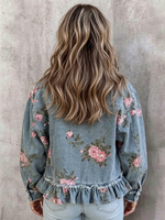 Lapel Floral Print Frayed Ruffle Hem Loose Denim Jacket
