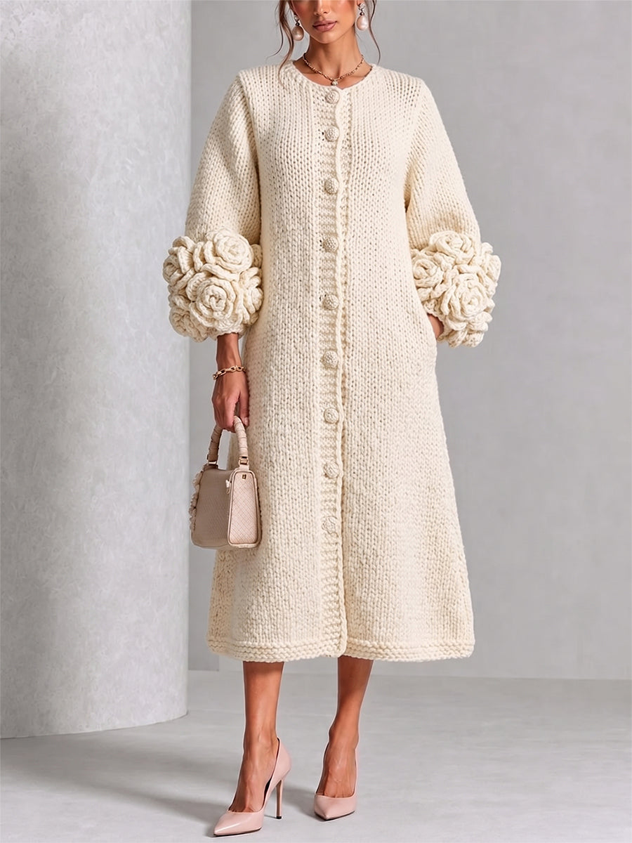 Elegant Ivory Textured Knit Button-Front Midi Dress