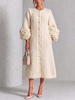 Elegant Ivory Textured Knit Button-Front Midi Dress