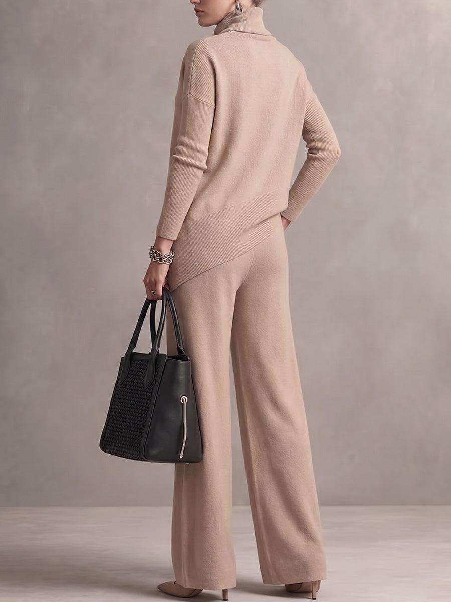 Women's Solid Color Turtleneck Long-sleeved Casual Loose Knit Top And High-waisted Wide-leg Knit Set