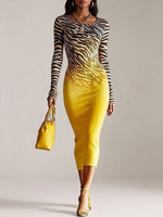 Women's Zebra-print Ombré Crew-neck Long-sleeve Bodycon Dress