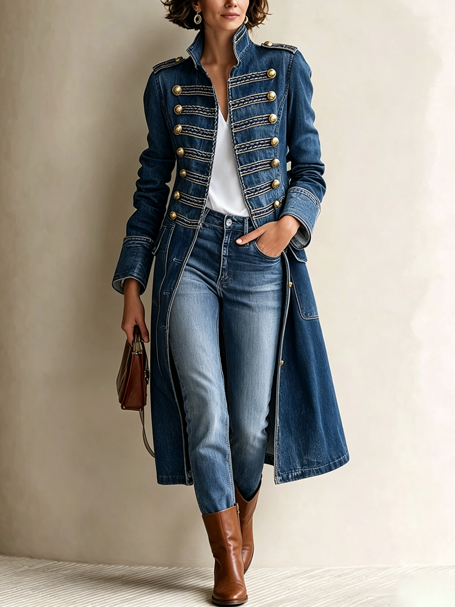 Chic Military-inspired Long Denim Coat
