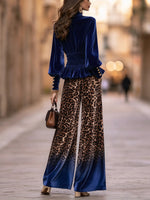 Elegant Velvet High-neck Top And Leopard-print Wide-leg Trousers Set