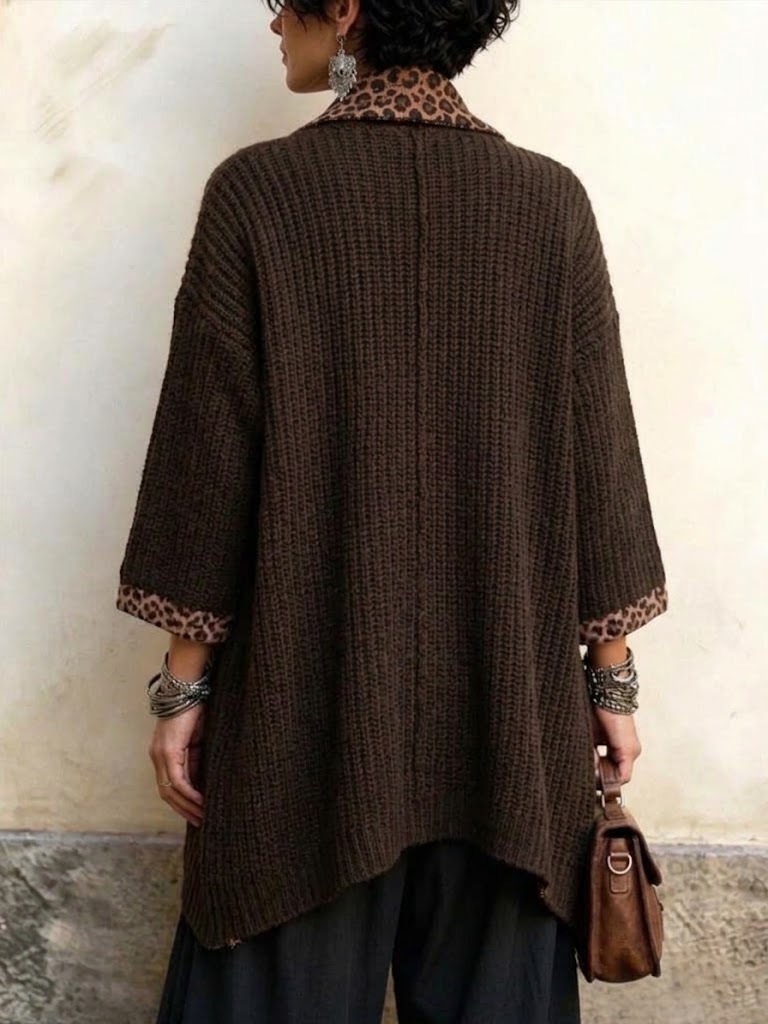 Leopard-print Patchwork Irregular-hem Knit Cardigan