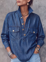 Chic Heart-Button Denim Shirt Pullover