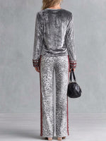 Women's Leopard Print Wide Leg Pants With Red Side Stripes