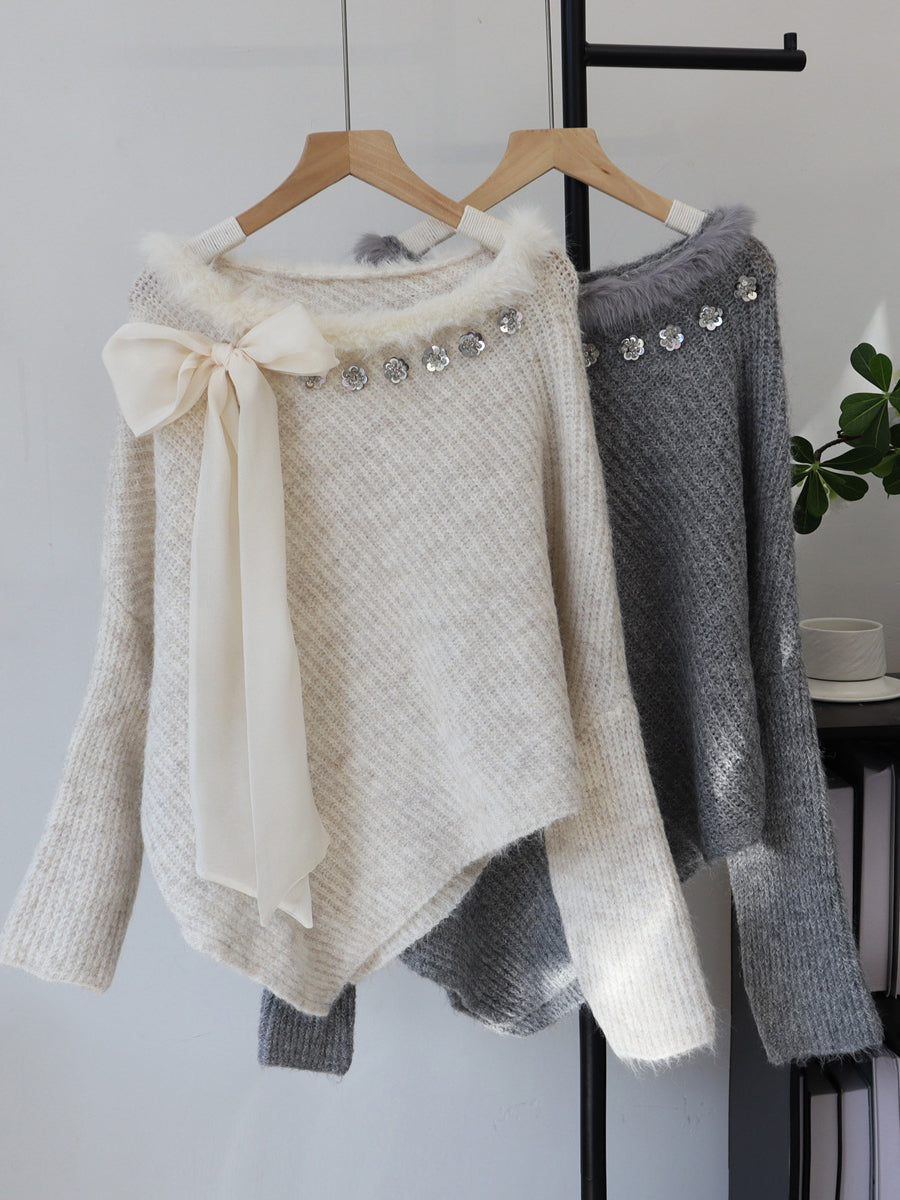 Christmas Knit Sweater With Plush Trim