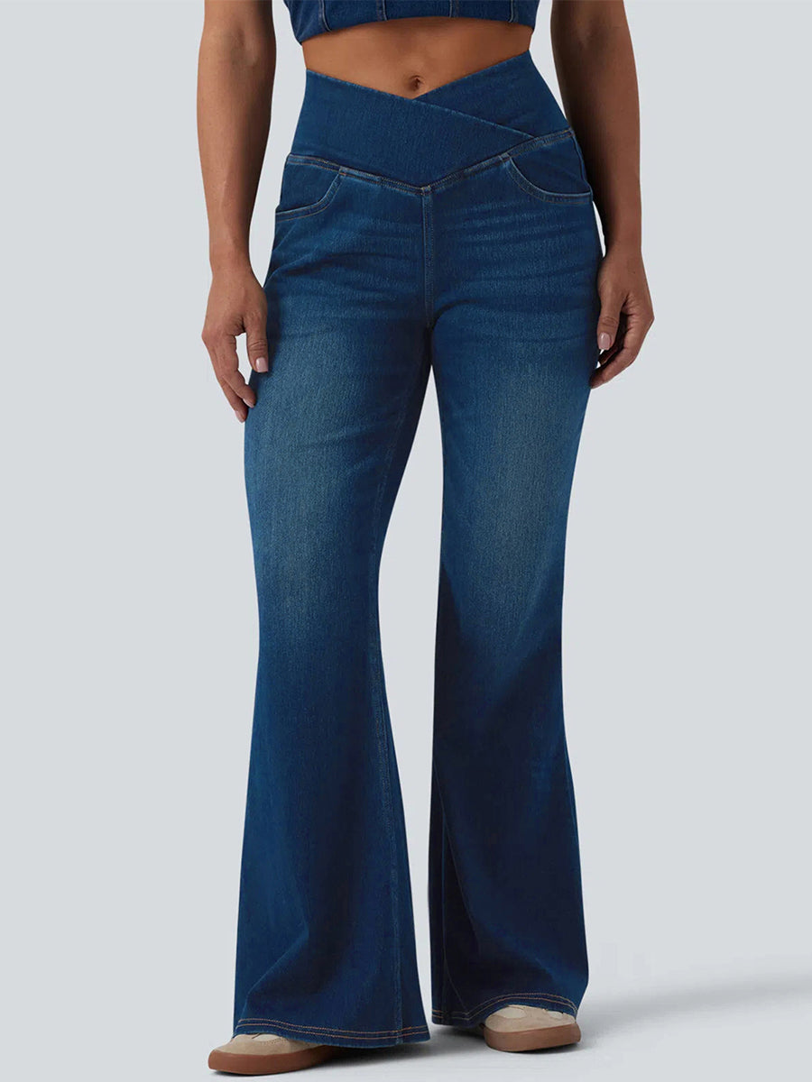 Trendy Crossover Waist High Stretch Flared Jeans