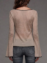 Cozy Cotton-blend Knit Flared-sleeve Top With Sheer Panels And Contrasting Trim.