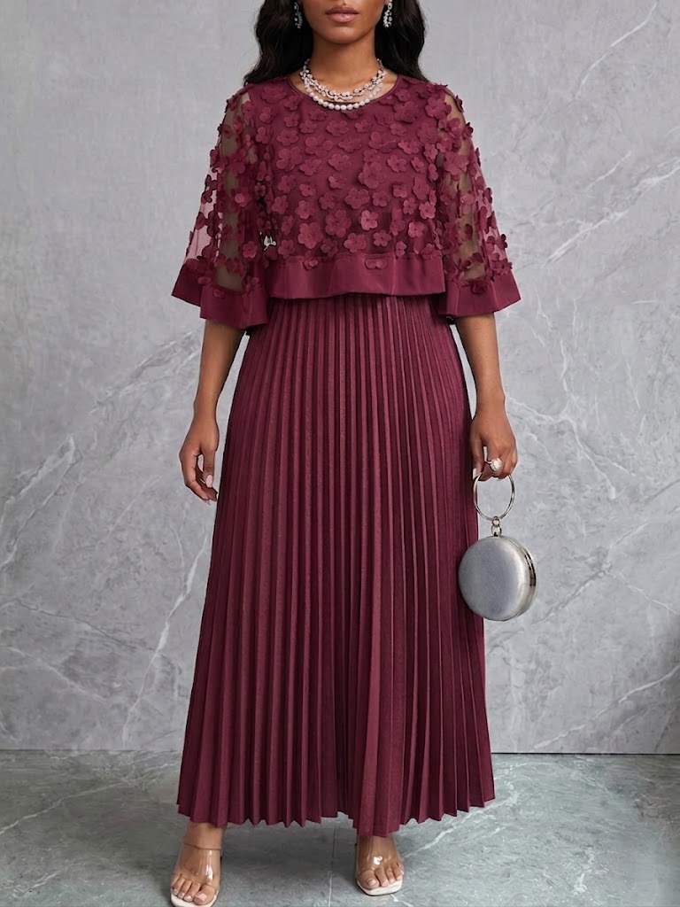 Mid-length Dress Featuring A Spliced mesh Cape With 3d Floral Appliqués