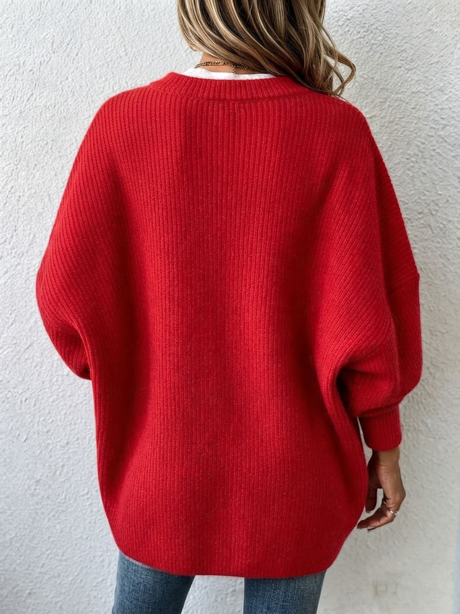 Elegant Red Asymmetric Button Knit Sweater