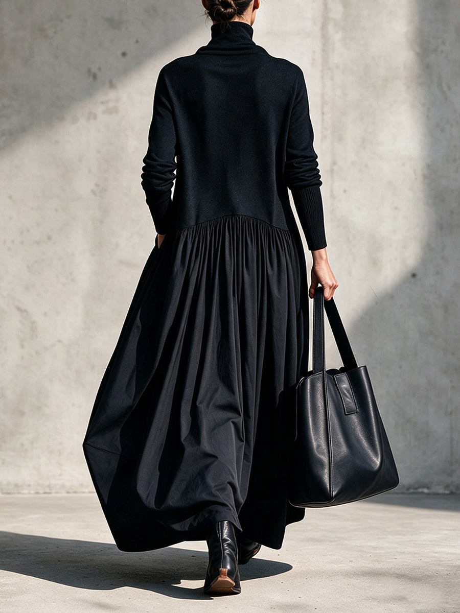 Casual Long Dress Featuring A High-neck Knit Bodice And Woven Skirt Panel.