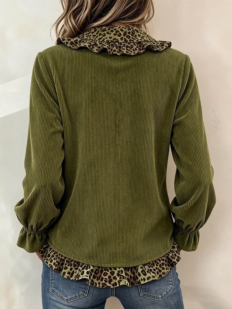 Chic Leopard-Trim Corduroy Blouse