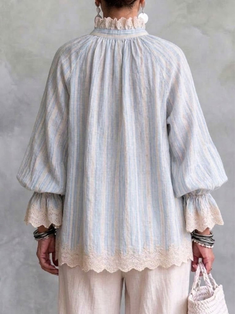 Vertical-striped Linen Shirt With A Lace-trimmed Stand Collar