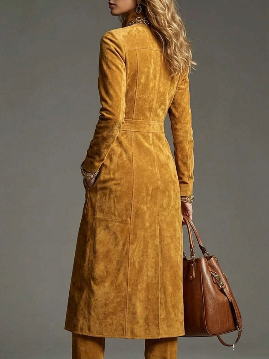 Women's Faux Suede Long Coat With Front Zipper And Large Pockets