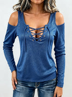 Chic Shimmering Off-shoulder Lace-up Knit Top