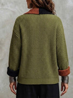 Color‑block Lapel Patch‑pocket Single‑breasted Loose Knit Cardigan Coat