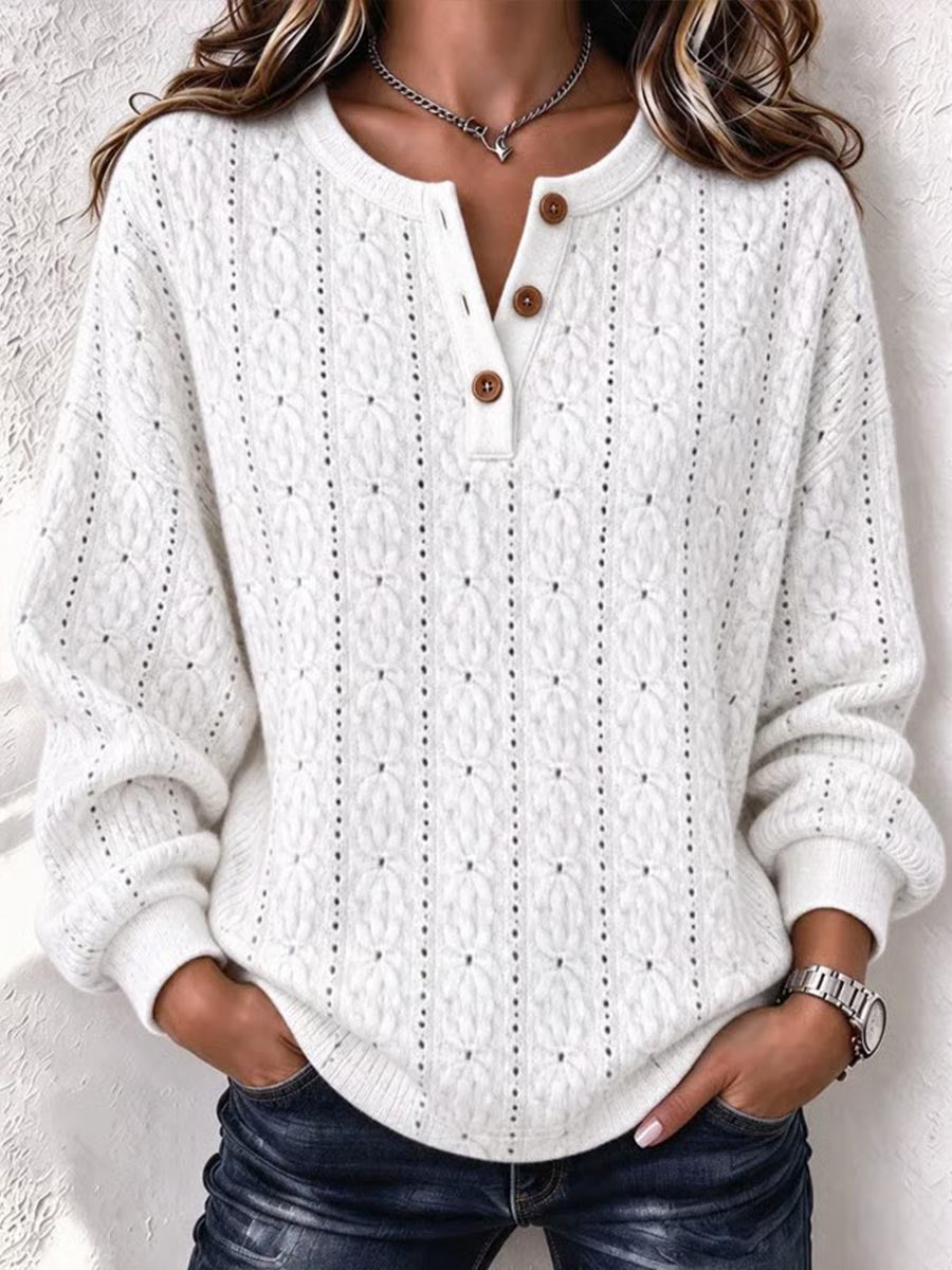 Women's Pointelle Knit Henley Sweater With Button Placket– lavelleas