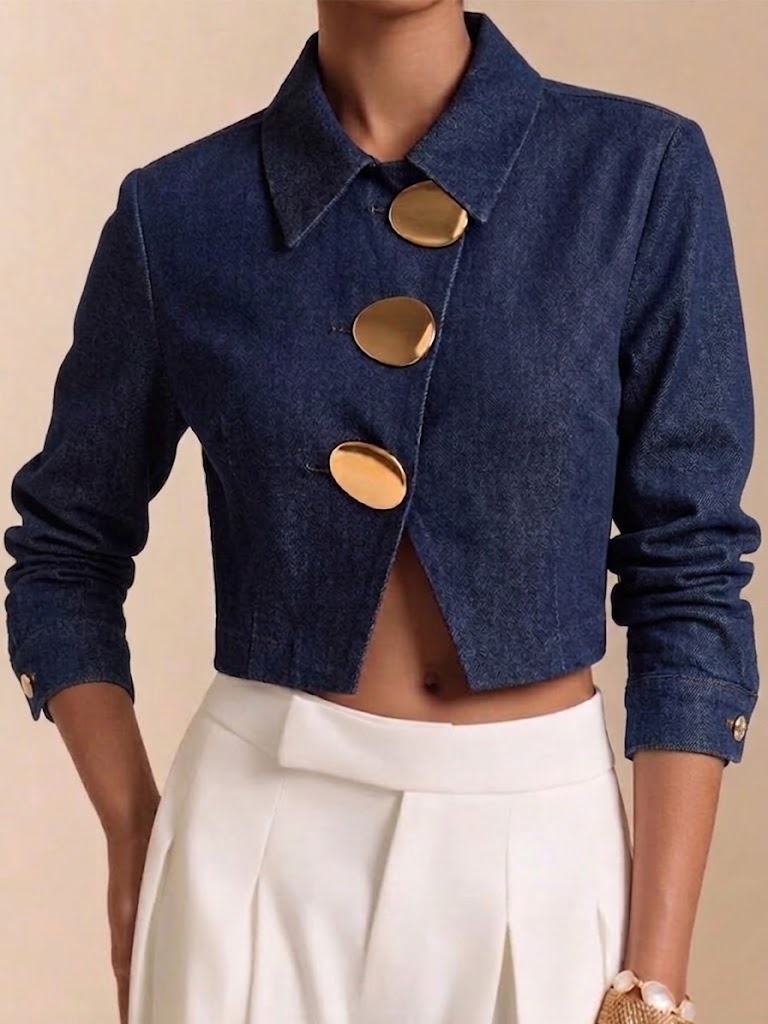 Denim Shirt With An Asymmetrical Placket, Large Metal Buttons, And A Fold-over Collar