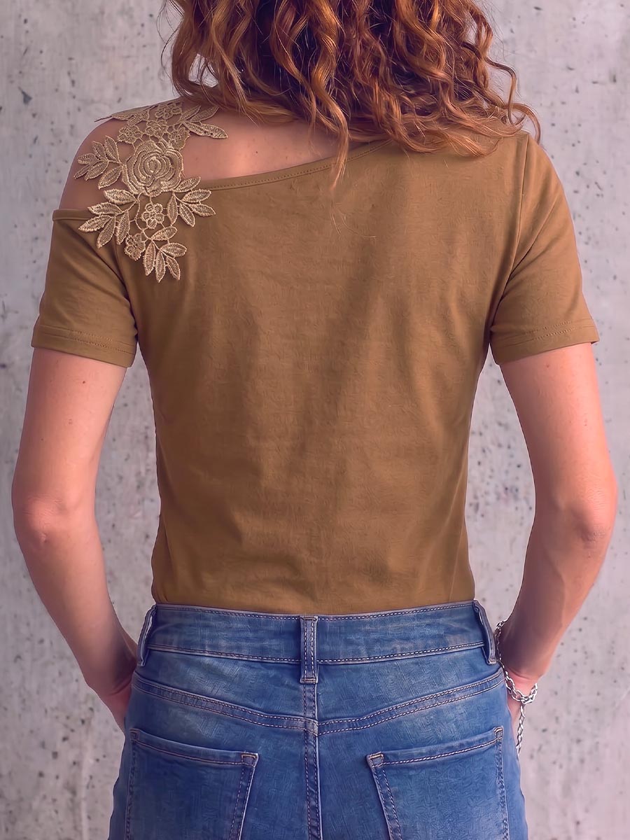 Women's Solid Color Off-shoulder Short-sleeved Embroidered Patchwork Top