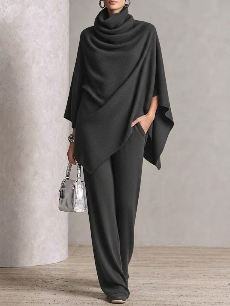 Two-piece Set Featuring A High-neck Cape-style Top And Wide-leg Trousers