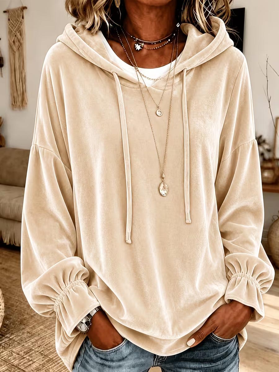 Women's Velour Oversized Drawstring Hoodie With Ruffle Cuffs