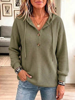 Women's Solid Color V-neck Long-sleeve Casual Loose Waffle Knit Hooded Top